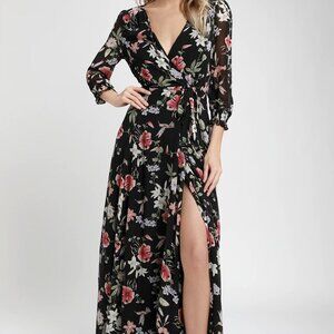 NWT Lulus Awakened Black Floral Print Chiffon Maxi Wrap Dress